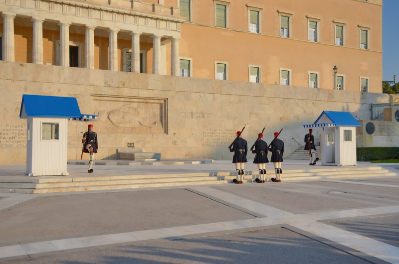 The ceremonial Changing of the Guard by the Evzones at the Tomb of the Unknown Soldier in front of the Hellenic Parliament building on Syntagma Square in Athens